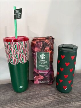 Starbucks Green Tumblers with Red Heart Design & Espresso Roast Bag Bundle